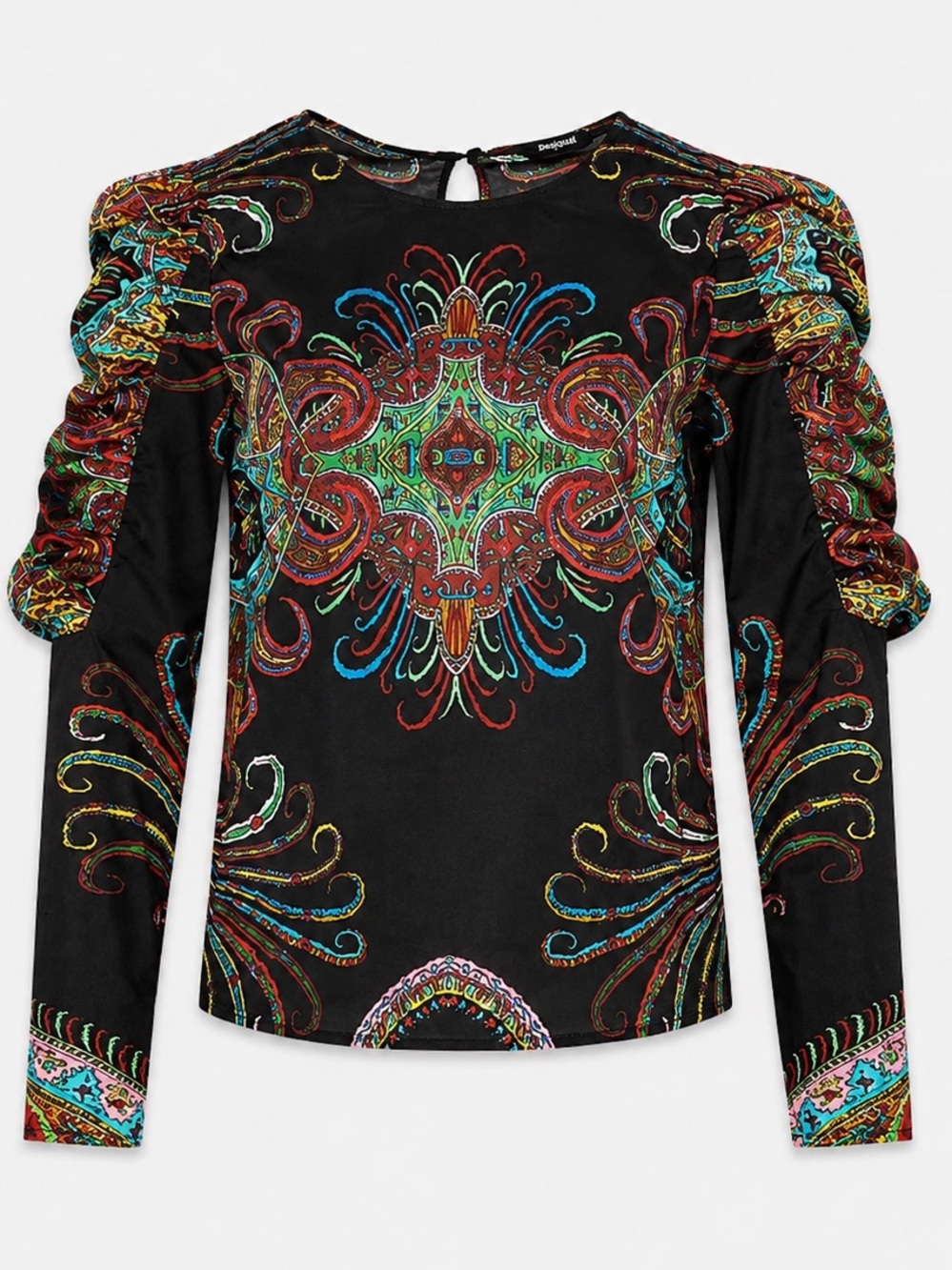 NWT Desigual Cotton Multicolor Ornamental Puff-Sleeve Long-Sleeve Blouse Size M